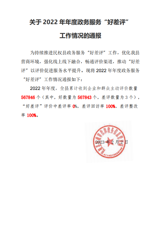關(guān)于2022年年度政務(wù)服務(wù)“好差評(píng)”工作情況的通報(bào)