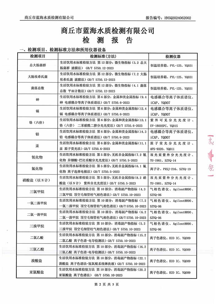關于民權縣水務公司2024年6月水質檢測報告的公示